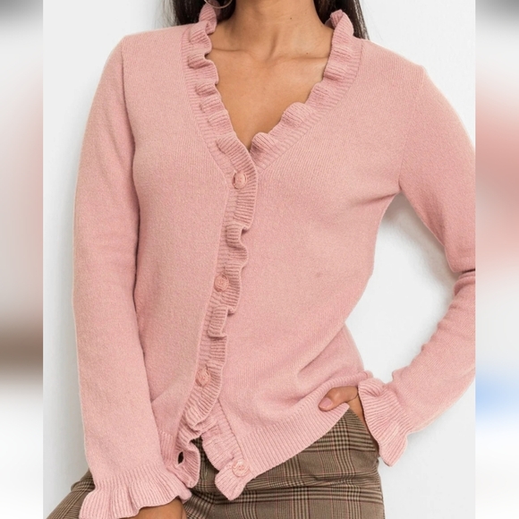Talbots Sweaters - Talbots Ruffled V-Neck Cardigan in Rose